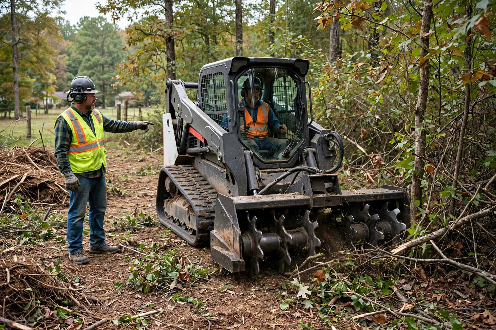 Skid steer with brush cutter clearing dense undergrowth on wooded acreage near Rogers