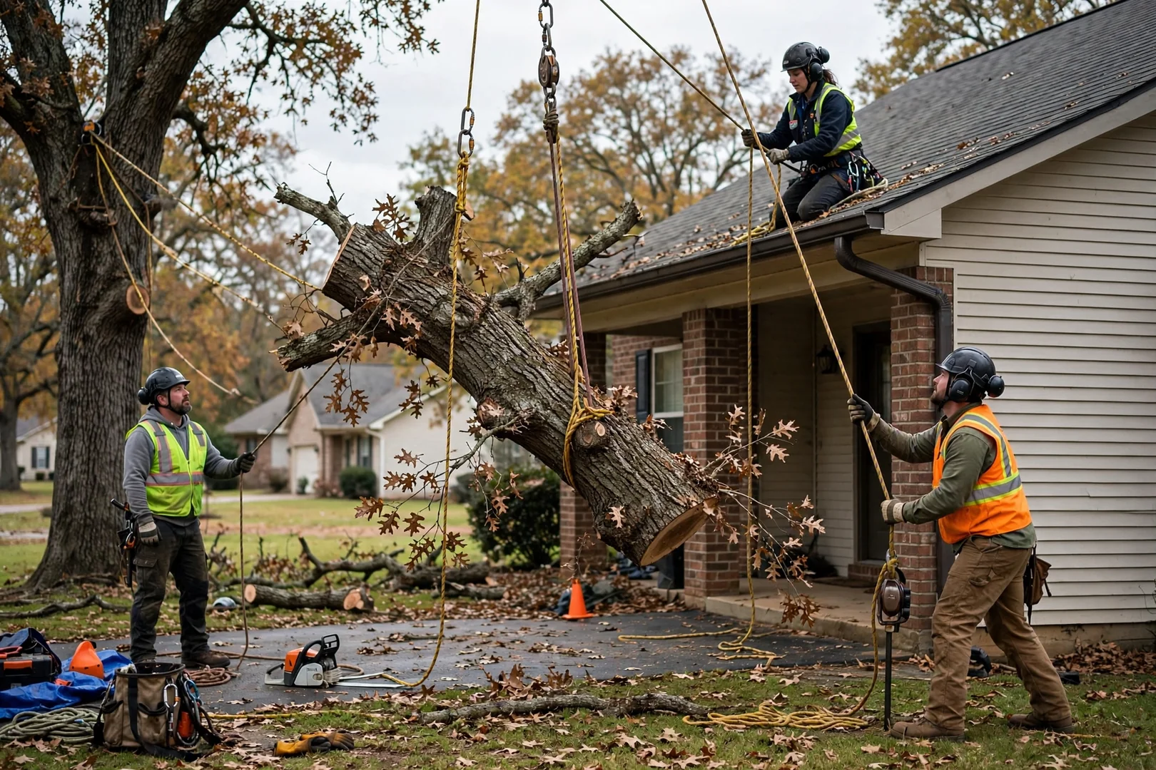 Large oak limb section lowered with rigging ropes away from a residential roof