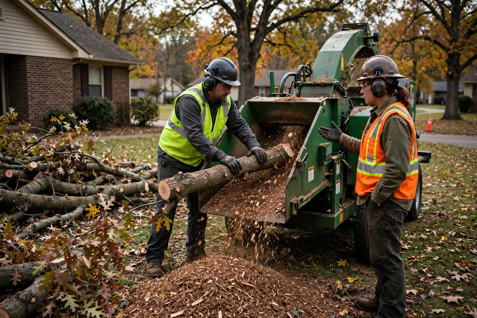 Wood chipper processing cut limbs into mulch at a residential tree removal site