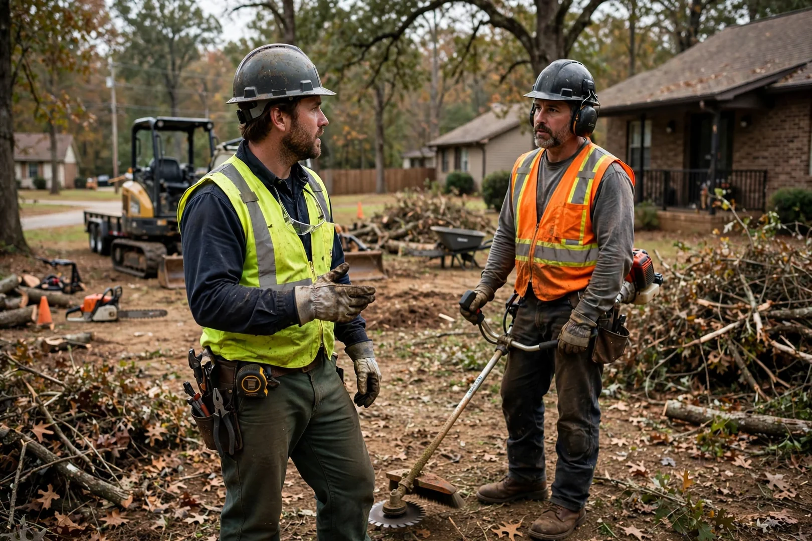 Land clearing crew reviewing a written estimate with a homeowner beside a cleared property