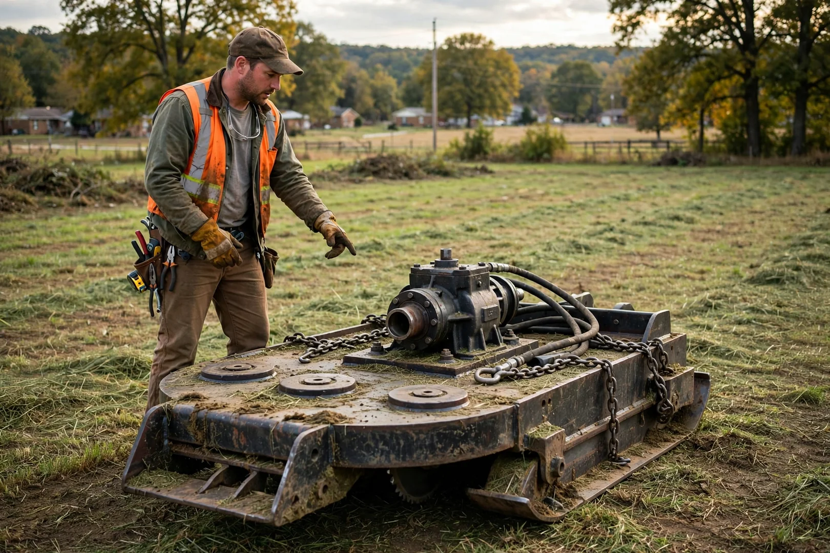 Rotary cutter deck resting on a freshly cut field at the end of a job