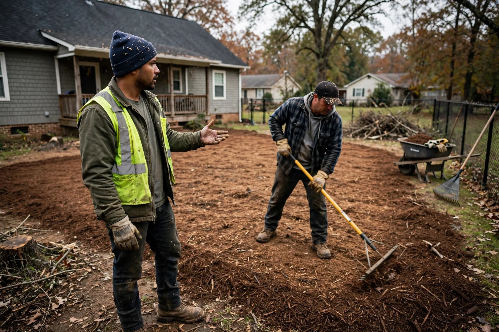 Cleared backyard lot with a fresh wood mulch layer behind a home in Rogers