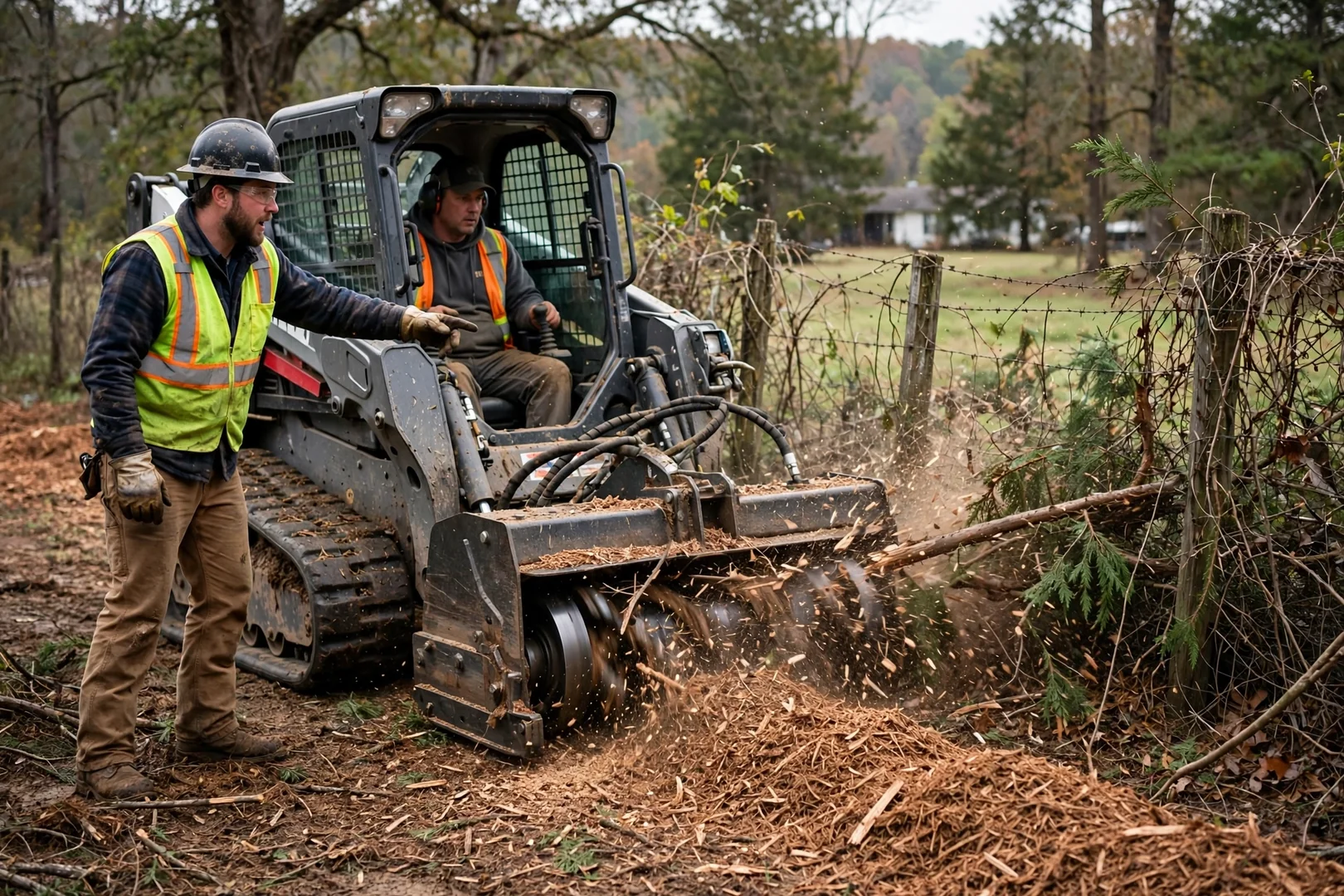 Drum mulcher grinding cedar brush along an overgrown fence line on rural property
