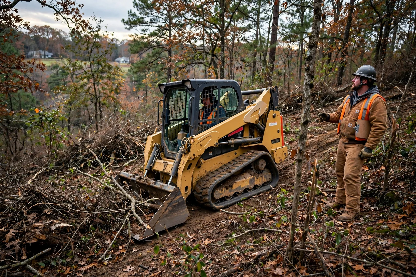 Compact track loader working through thick brush on a sloped wooded lot