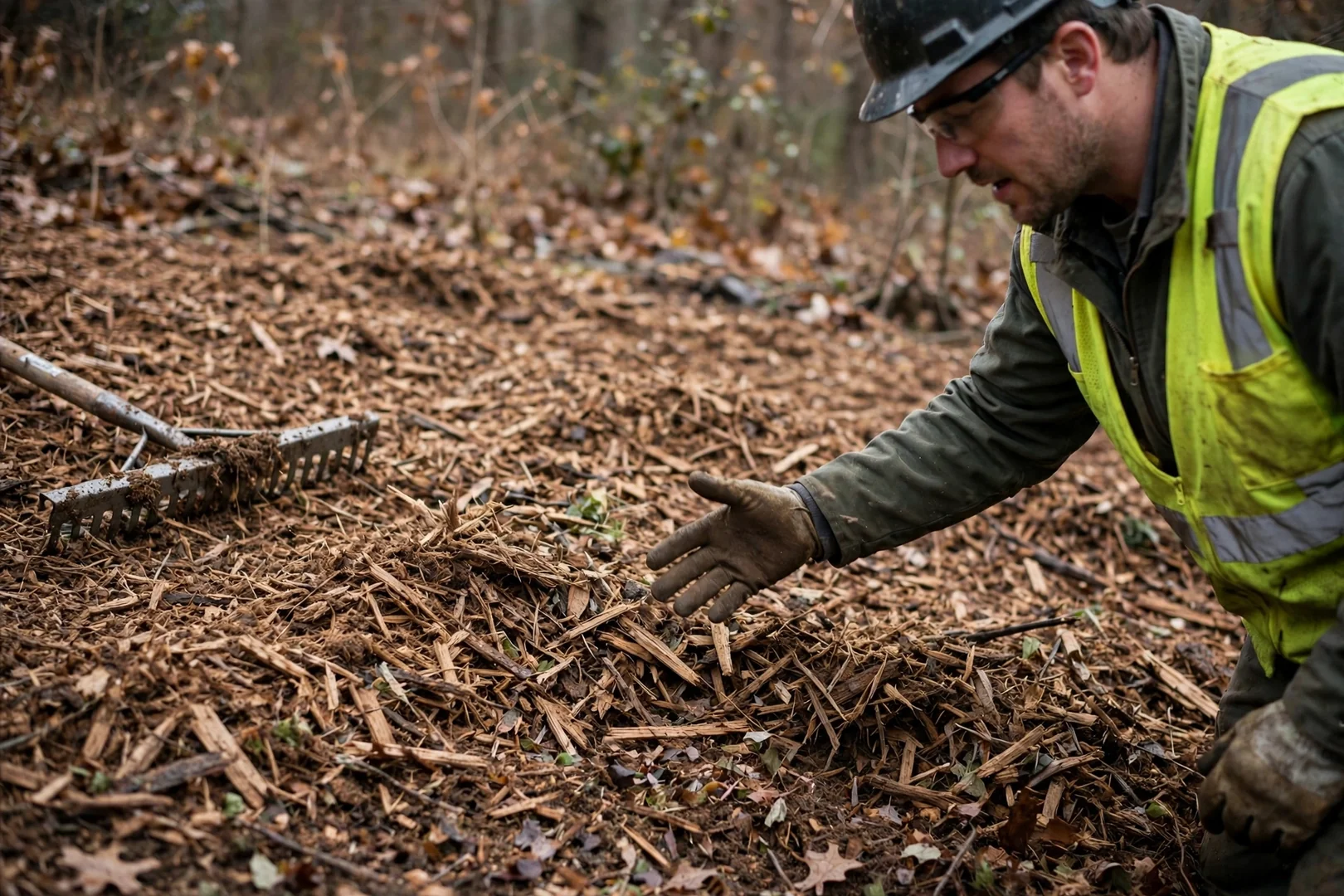 Close-up of shredded wood mulch covering the soil after forestry mulching work