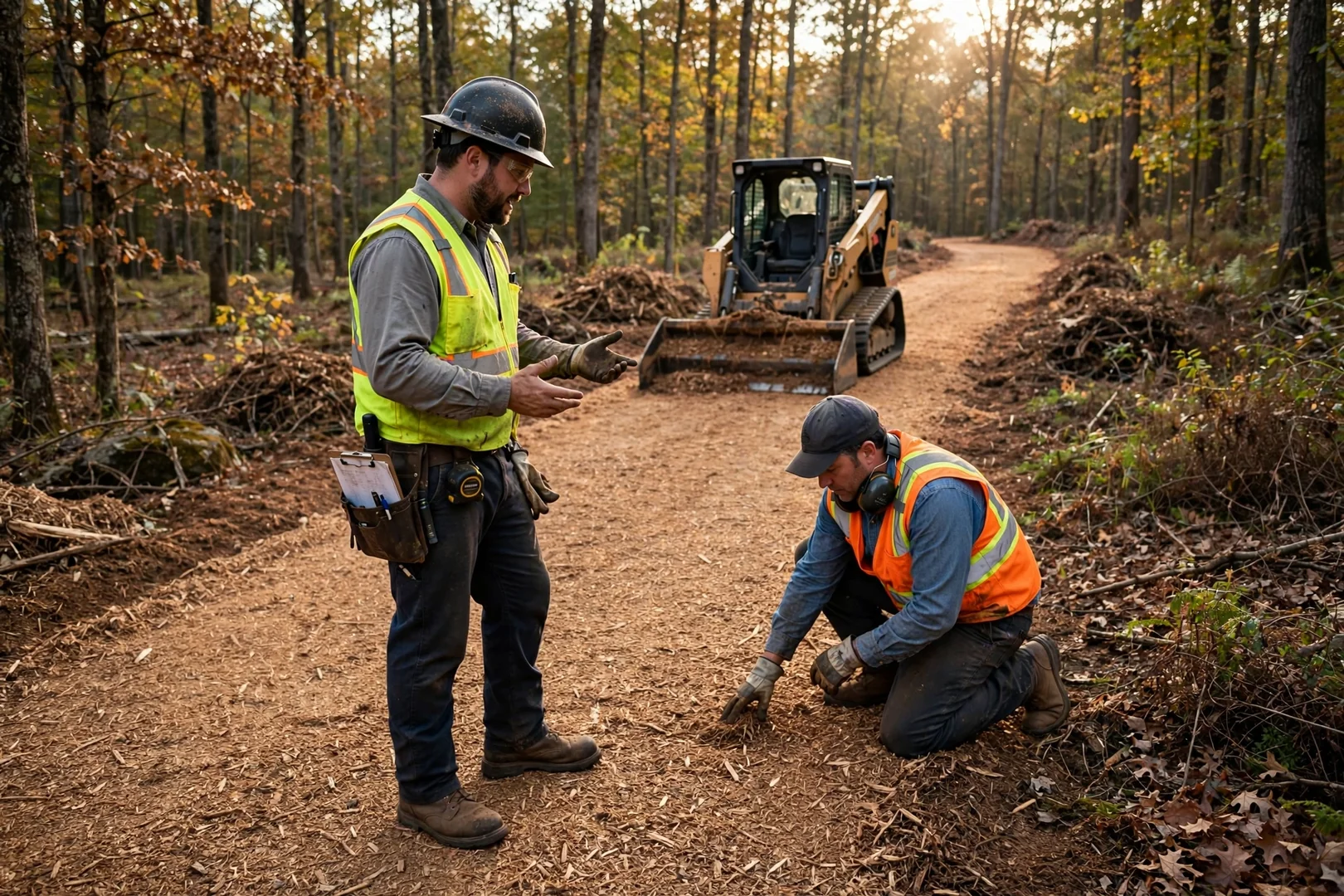 Newly opened trail path through wooded property after forestry mulching and cleanup