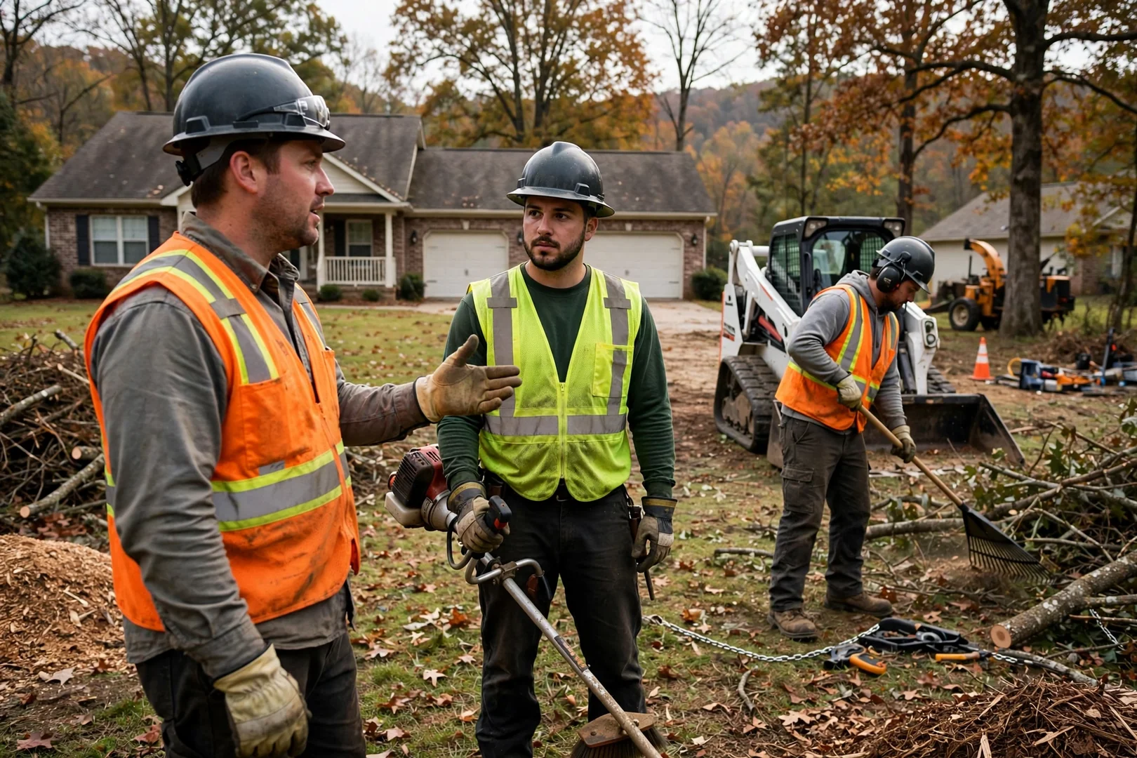Land clearing crew reviewing a cleared wooded lot with a homeowner in Rogers