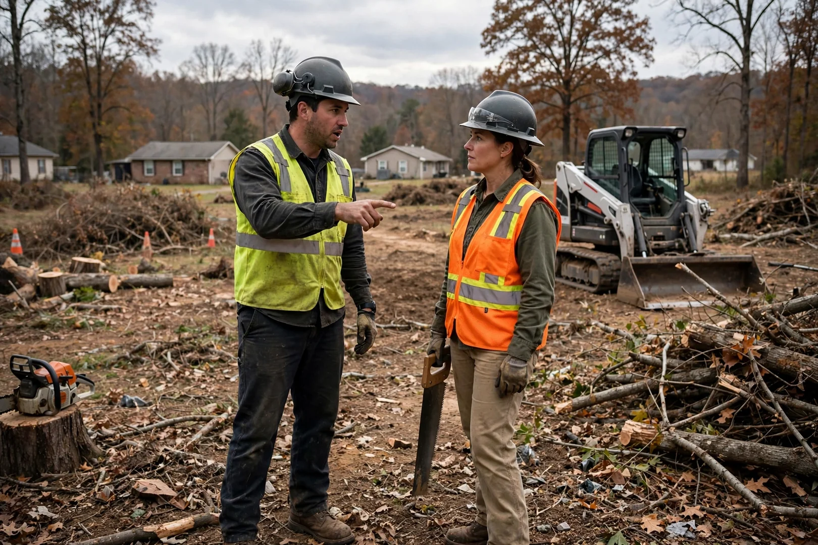 Land clearing crew member reviewing a written estimate with a homeowner beside a wooded lot