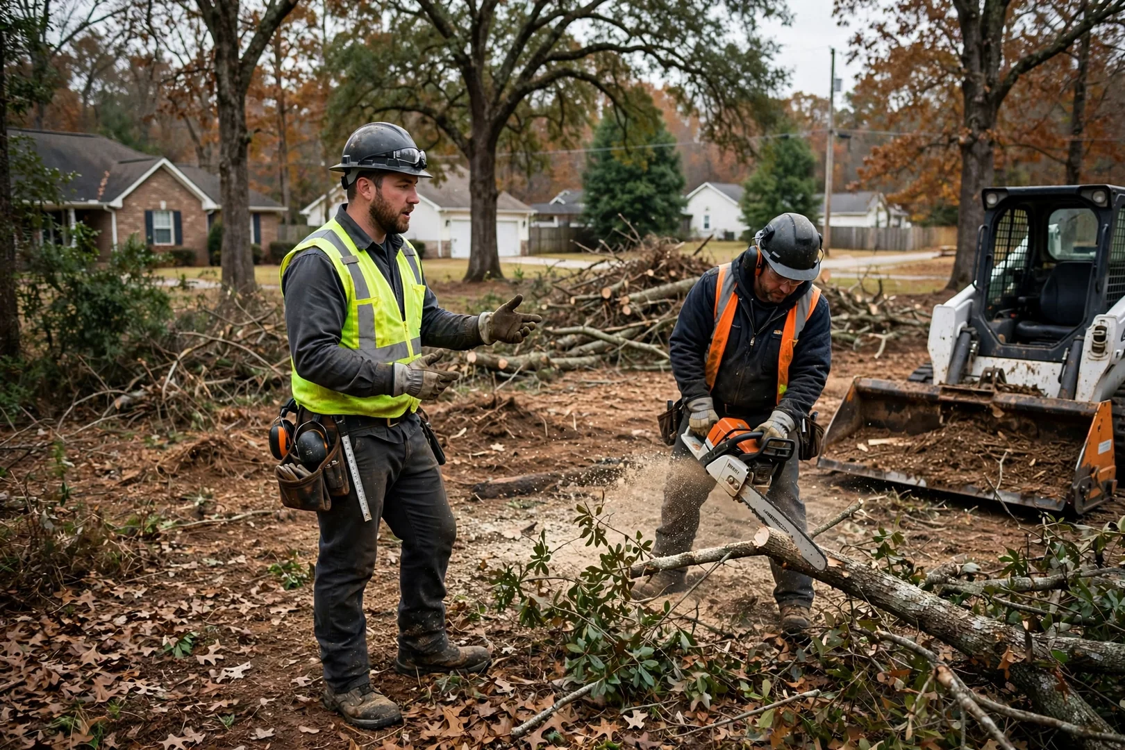Office team member returning a customer call about a land clearing project in Rogers