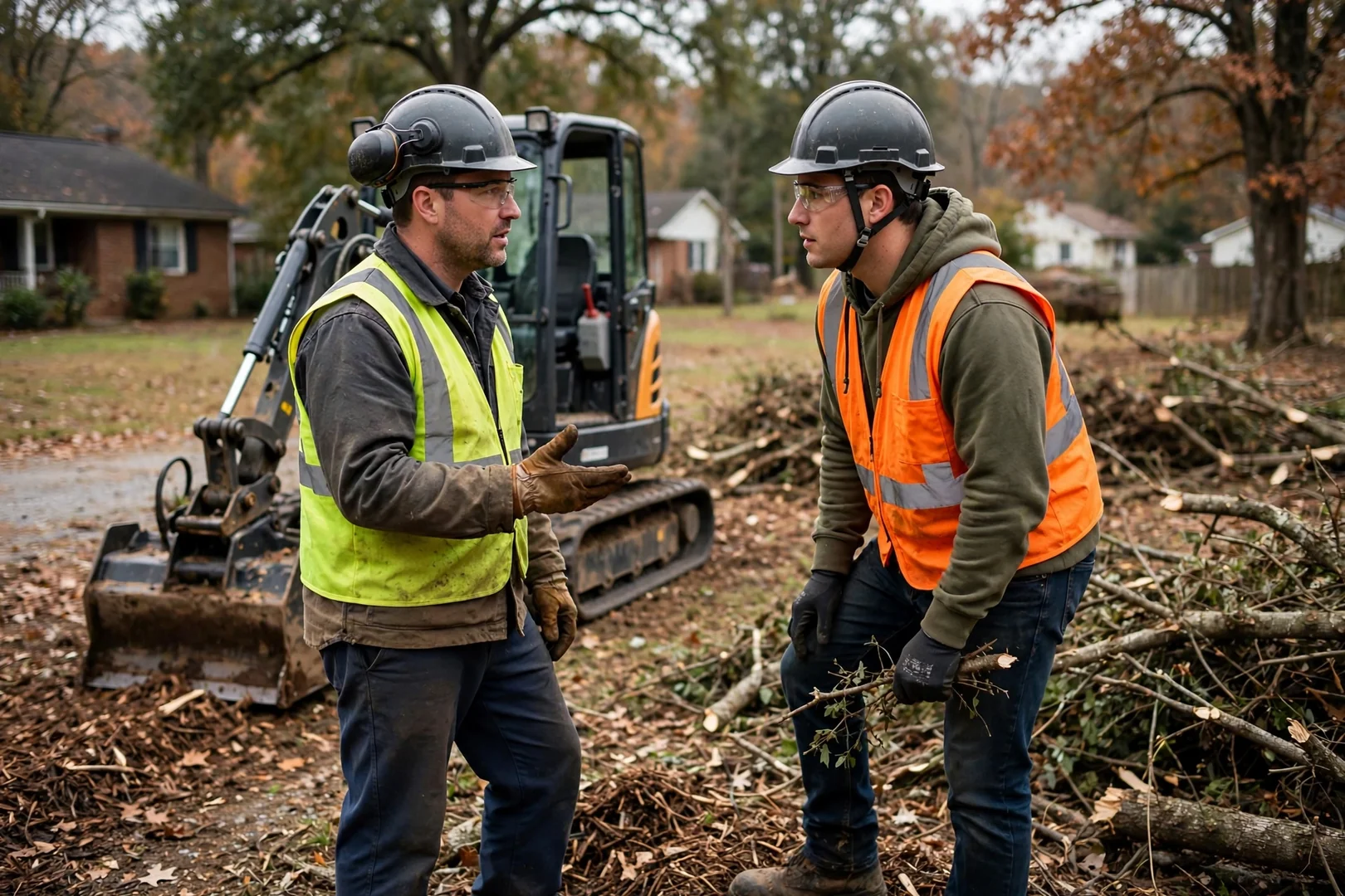 Operator in hard hat checking a forestry mulcher