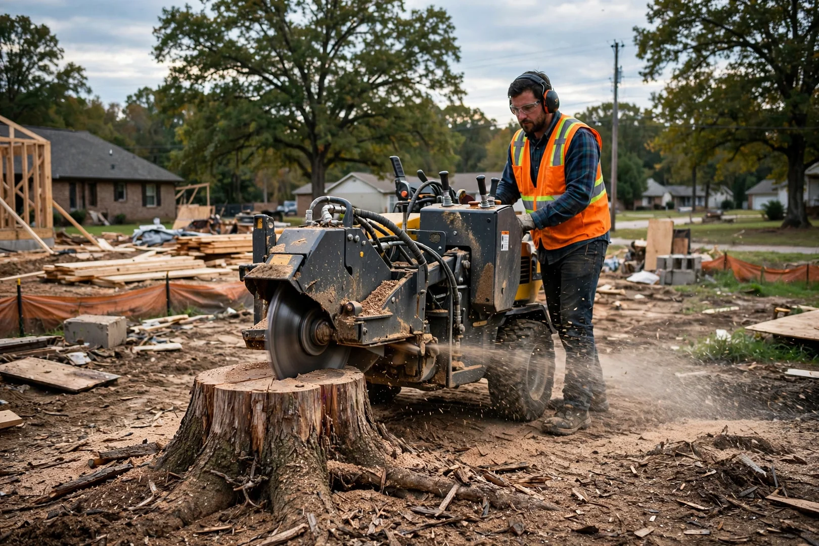 Stump grinder working through a hardwood stump on a suburban lot under construction