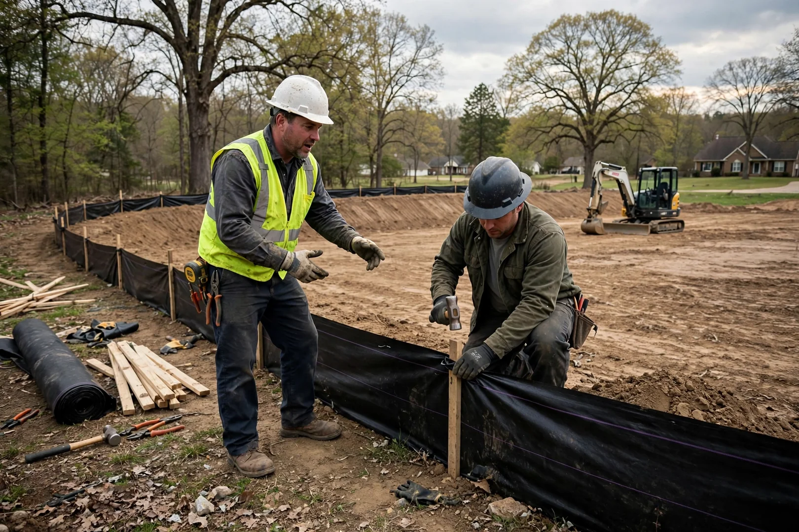 Silt fence installed along the edge of a newly graded lot for erosion control