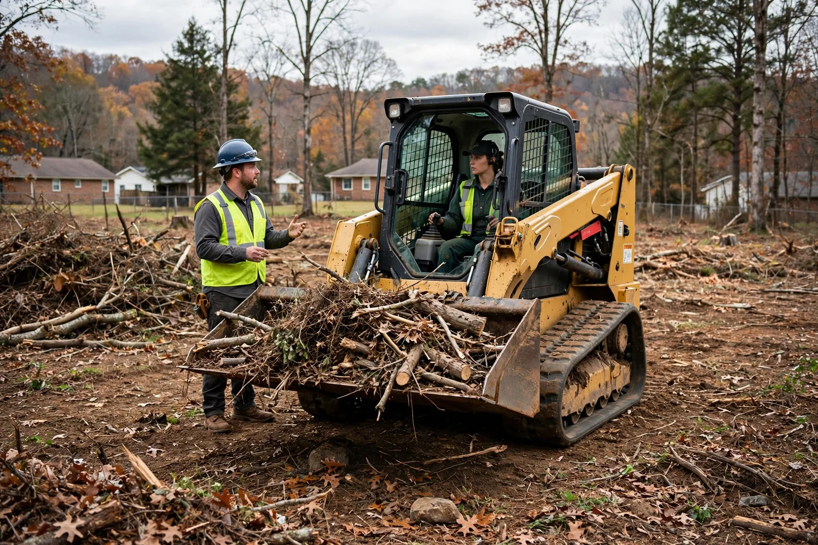 Compact track loader hauling brush and debris from a cleared Rogers property