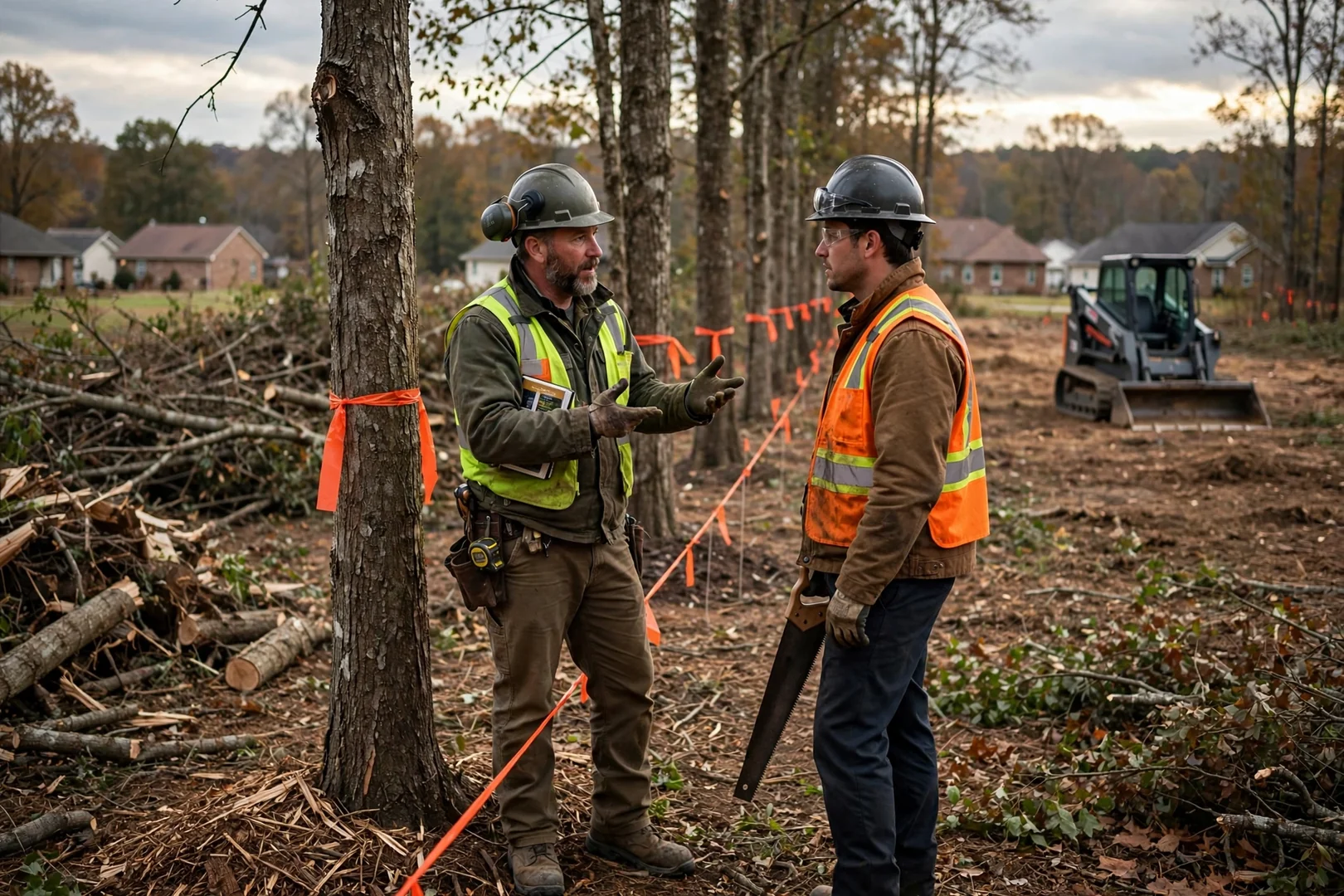 Flagged trees preserved along a property line after selective lot clearing