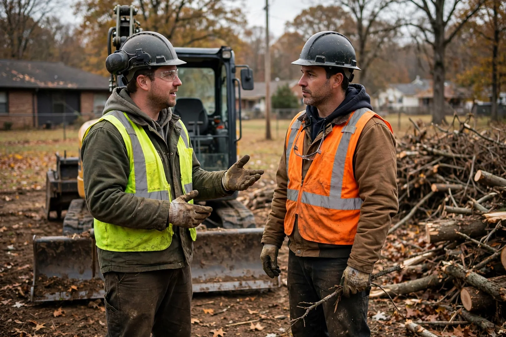 Land clearing crew reviewing a site plan beside a track loader on a wooded lot